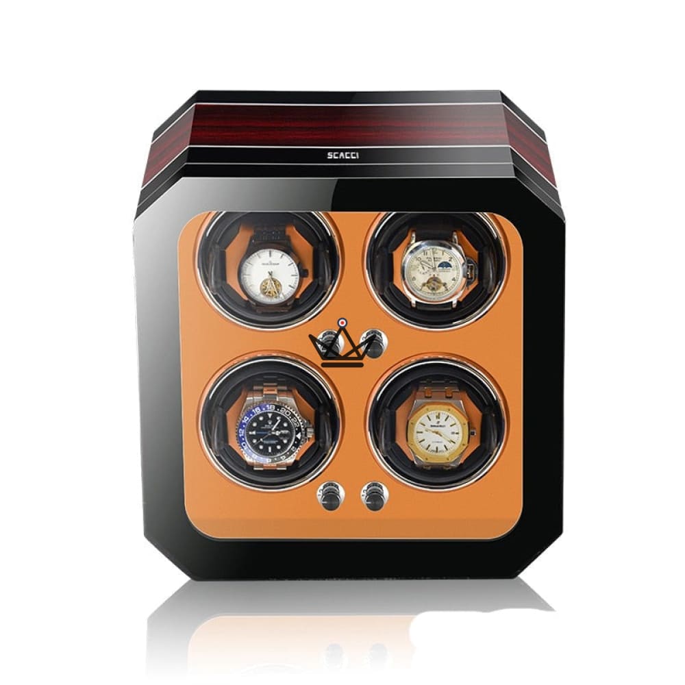 Automatic Watch Winder HEXAGONE LUXE — Precious Wood, Leather, 2 to 6 Watches, 5 Modes — Orange / 4 Slots