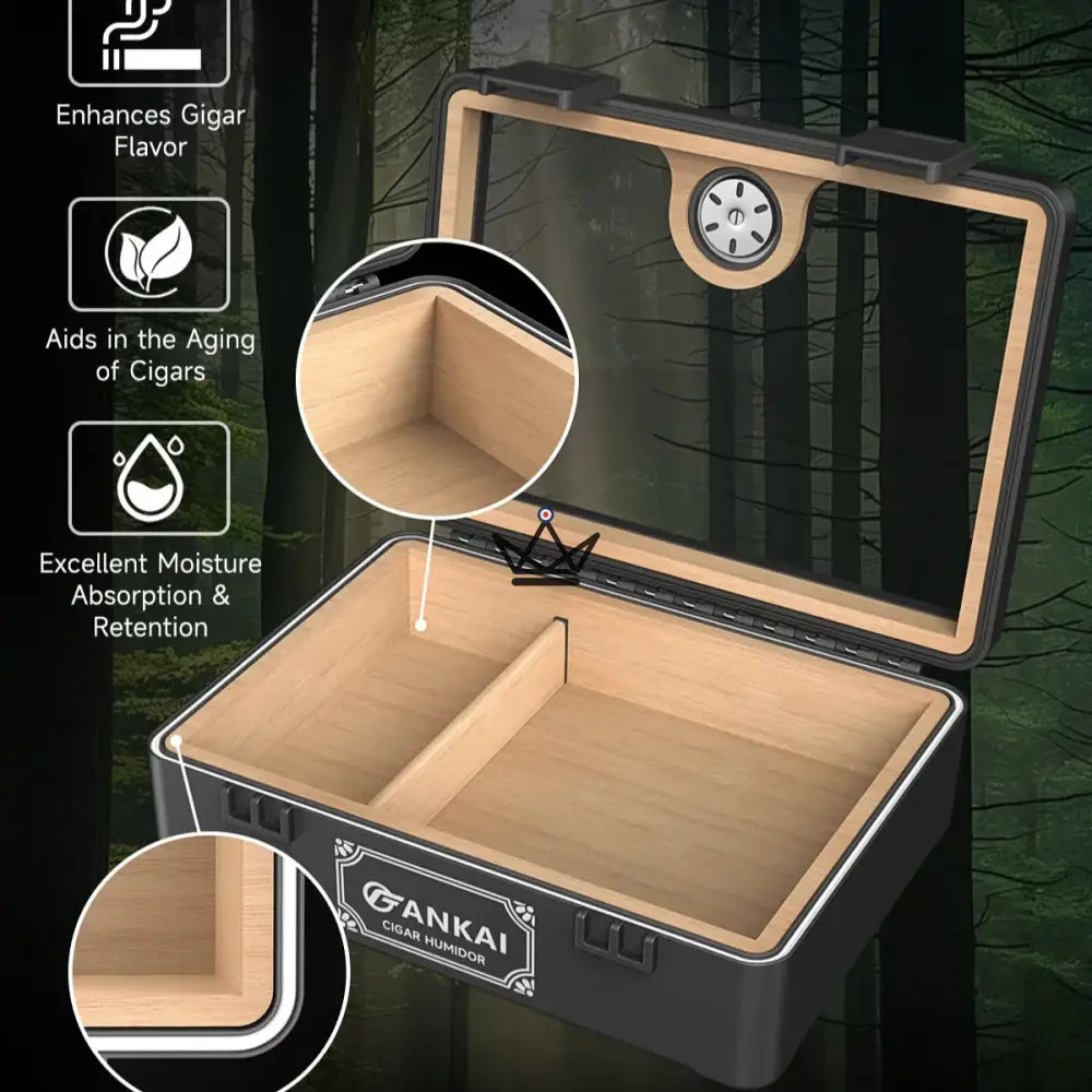 BlackGlass Cedar Zigarrenhumidor — mattes schwarzes ABS, spanische Zeder, gehärtetes Glas, 20-25 Zigarren, mechanisches Hygrometer & Oasis Luftbefeuchter – Ansicht 7
