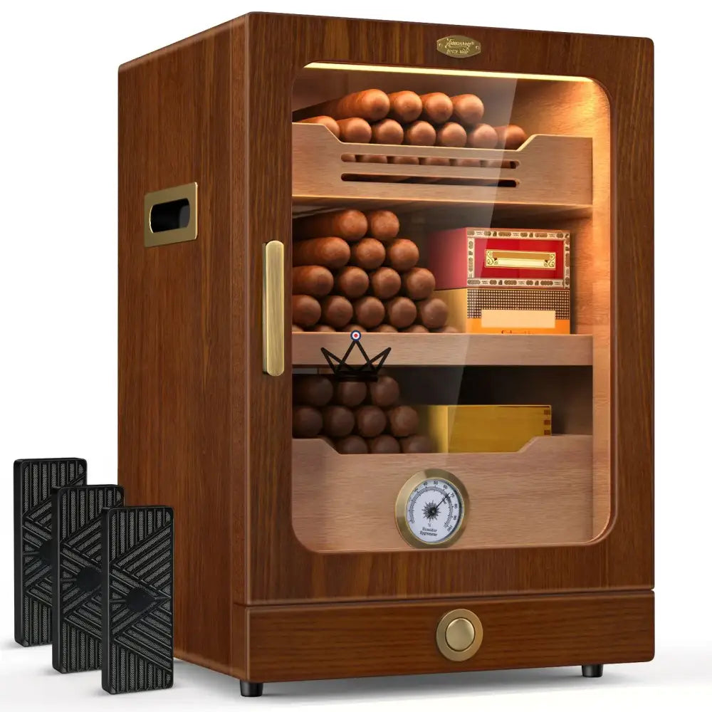 Humidor de cigarros Titanis Lux: cedro español, iluminación LED, 150 cigarros, 3 humidificadores, nogal o ébano negro Humidor de cigarros Titanis Lux: cedro español, iluminación LED, 150 cigarros, 3 humidificadores, nogal o ébano negro