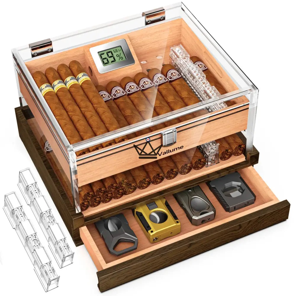 Humidor Aerion Vault – Acryl transparent, Zedernholz, Zubehörschublade, 2 Formate – Ansicht 7