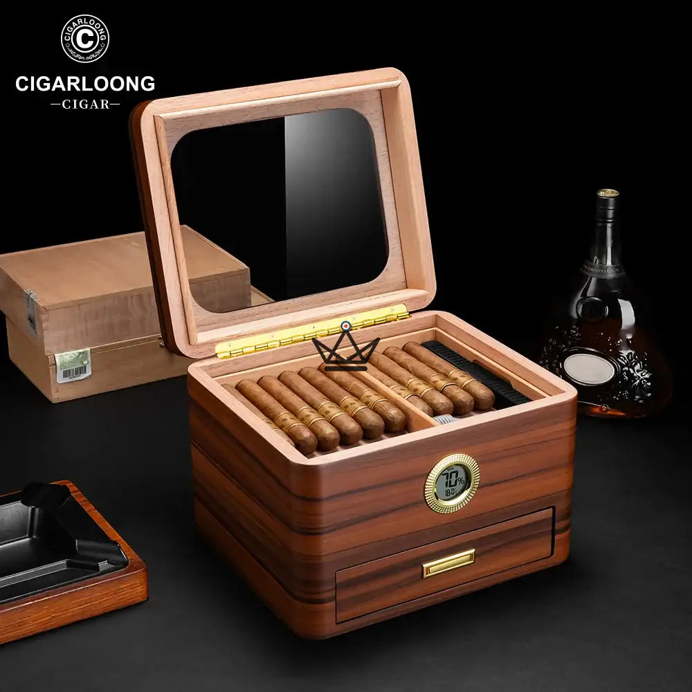 Equinox Humidor — Spanish Cedar, Gold Glass Top, 65 Cigars, Digital Hygrometer, Airtight Seal — view 4