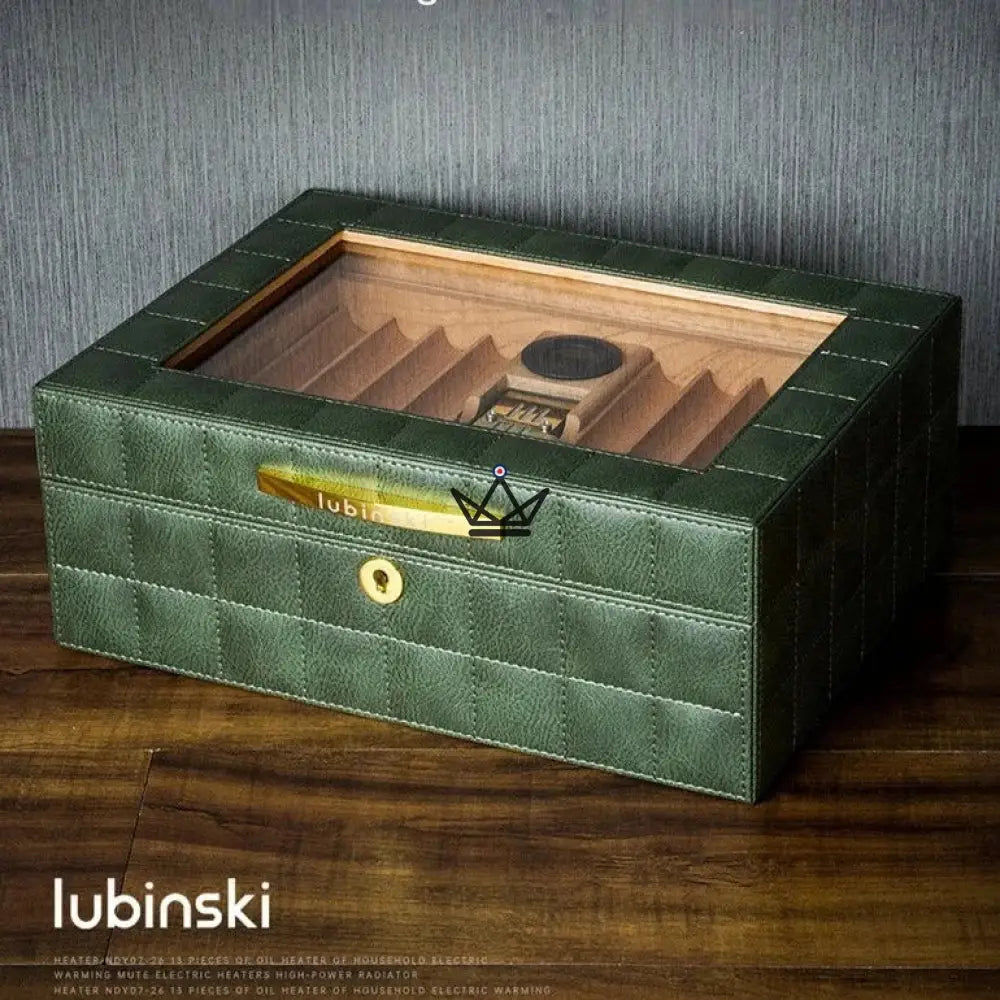 Norton Edition Cigar Humidor — Quilted Genuine Leather, 4 Colors, Cedar, Tray & Dividers, 50-60 Cigars — Green