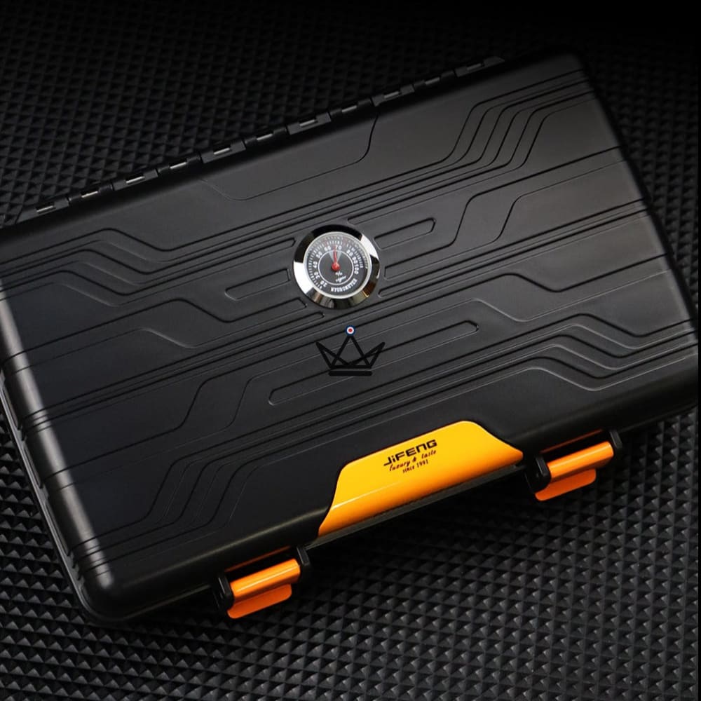 RICK 21 Travel Humidor — Shockproof LDPD, 10 Cigars, Built-in Hygrometer — Orange
