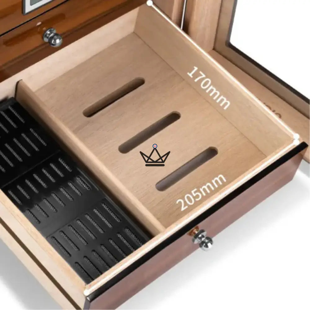 Zigarrenhumidor Regalia 100 – spanische Zeder, Glasfenster, 3 Zedernholzschubladen, ~50 Zigarren, Digital-Hygrometer & Befeuchter – Ansicht 7