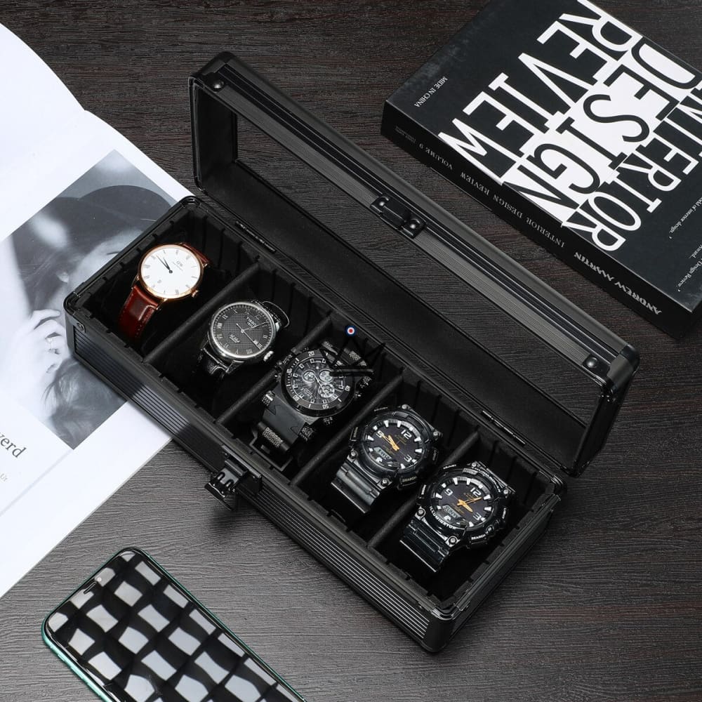 ORDO TEMPUS Caja de almacenamiento para relojes de lujo: aluminio, 5 ranuras, negro o verde