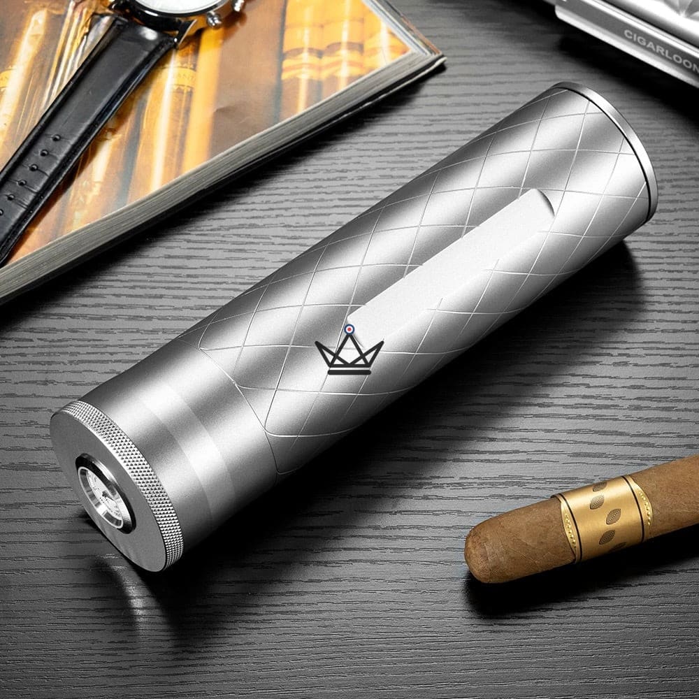 Sentinel Quattro Cigar Tube — machined aluminum, 4 cigars, integrated hygrometer & humidifier, side window, 6 finishes — view 7