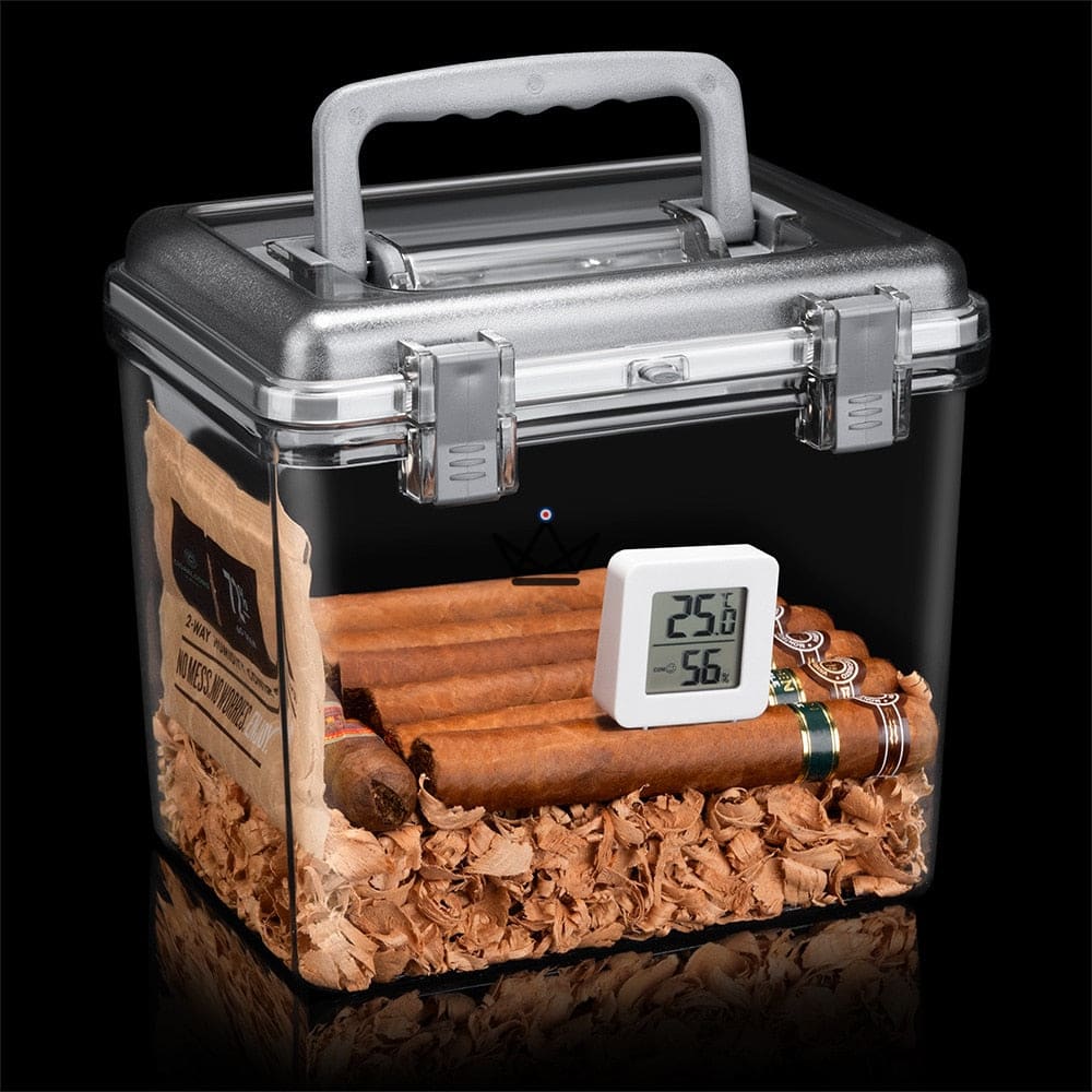 Humidor Crystal Square Jar: acrílico transparente, tapa hermética negra o plateada, tamaño M o L, 50-100 cigarros Humidor Crystal Square Jar: acrílico transparente, tapa hermética negra o plateada, tamaño M o L, 50-100 cigarros