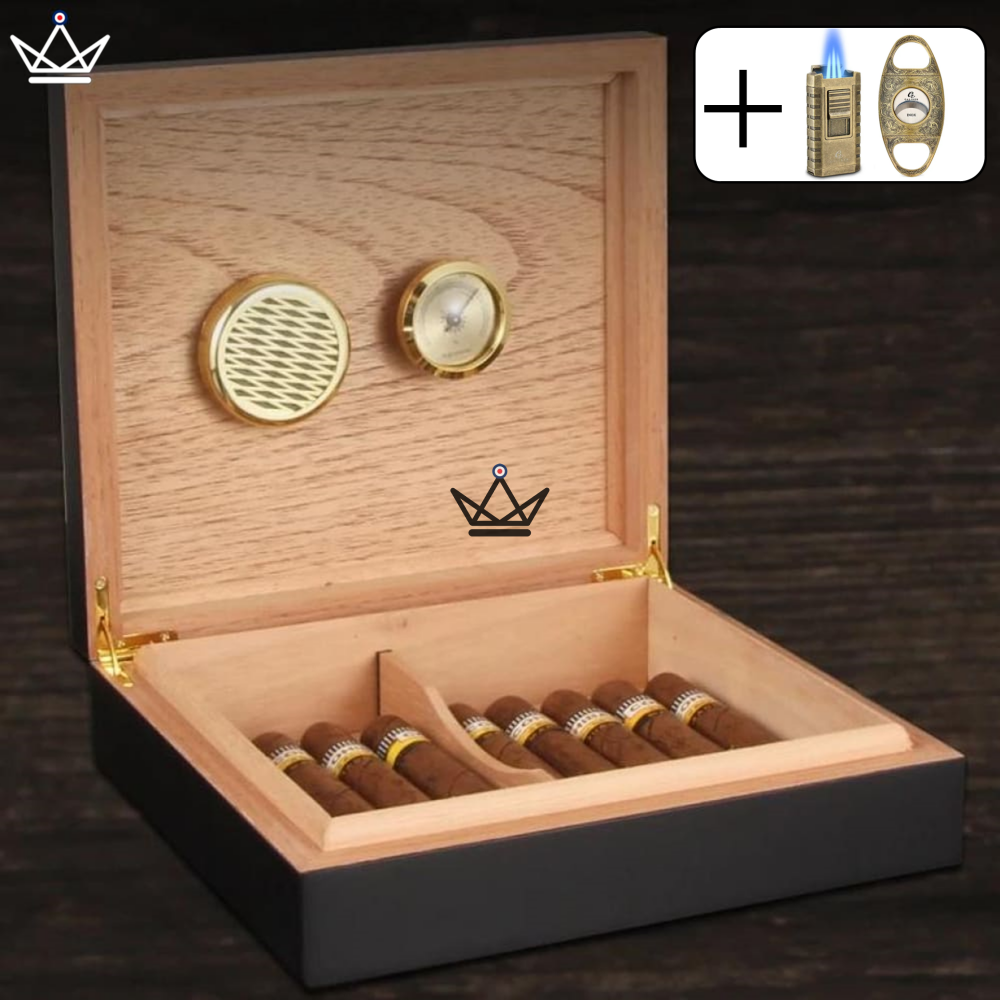 Wood Magnet Cigar Humidor — Spanish Cedar, Magnetic Hygrometer | 20 Cigars — Black / Heritage Edition
