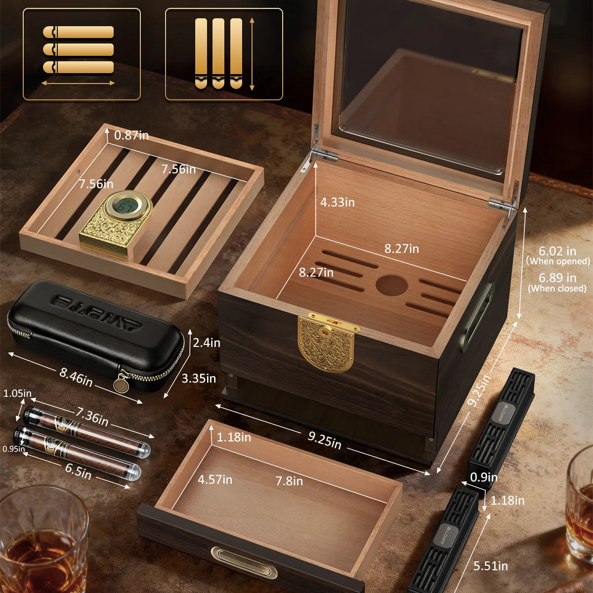 3-in-1 Keeper Heritage Set — Spanish cedar humidor with glass top, key lock, travel leather case, 2 airtight tubes, 50 cigars, digital hygrometer — view 3