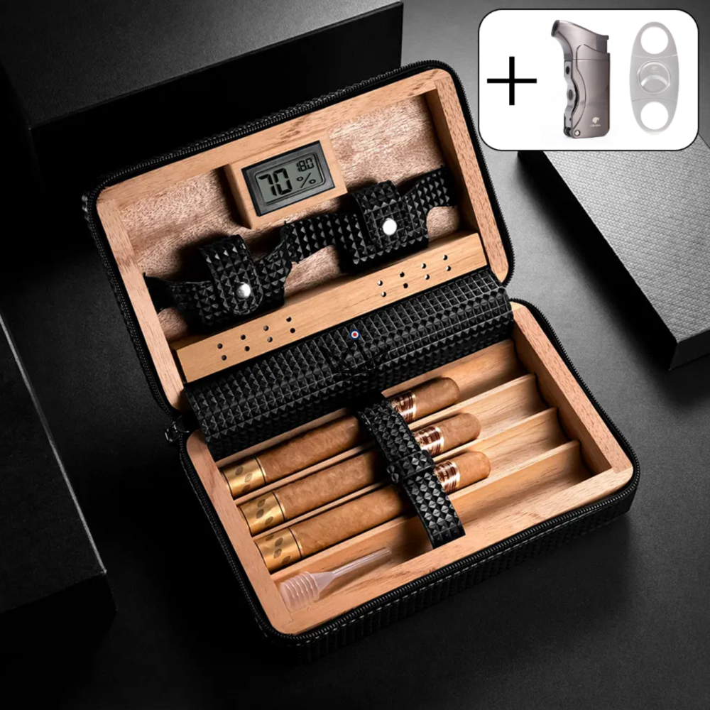 Reisehumidor SIGNATURE STYLE – schwarzes Silikonleder, spanische Zeder, 5 Zigarren, Digitalhygrometer, Solo- oder Vargas-Packung – Ansicht 8