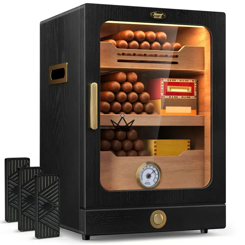 Humidor de cigarros Titanis Lux: cedro español, iluminación LED, 150 cigarros, 3 humidificadores, nogal o ébano negro