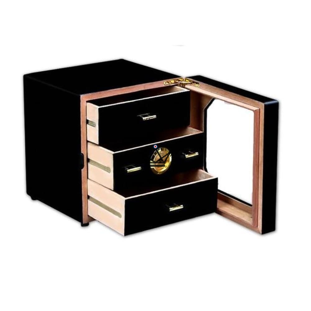 Humidor J.Hoover – schwarz lackiert, Glastür, spanische Zeder, 3 Schubladen, Hygrometer, 80 Zigarren – Ansicht 6