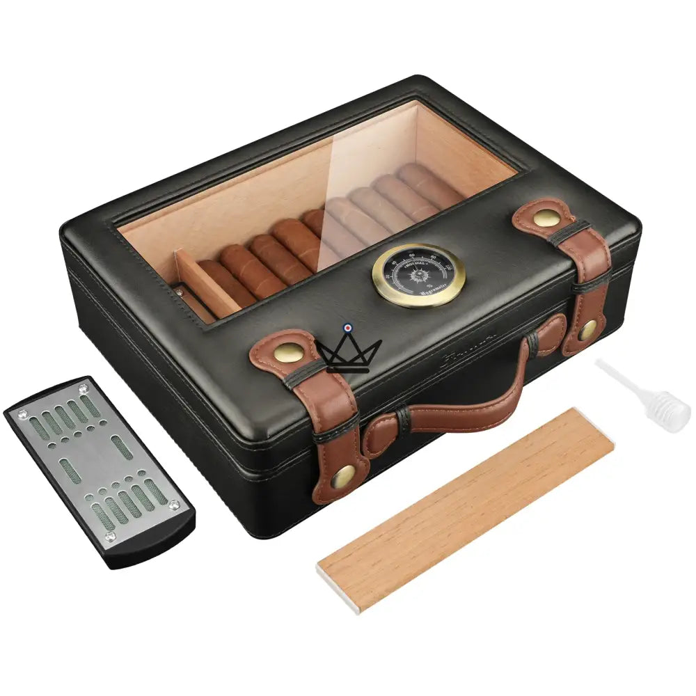 Prestige Traveler Humidor – vergoldetes Messing, spanische Zeder, 50 Zigarren, Sichtfenster, Hygrometer & Kristallbefeuchter – Ansicht 11