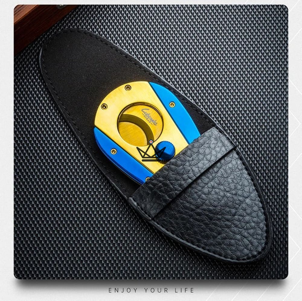 Azzurro Edition Guillotine Cigar Cutter — Double Blade Stainless Steel, Brushed Gold & Sapphire Blue Finish, Ø 22 mm, Gift Box & Pouch Included — view 3
