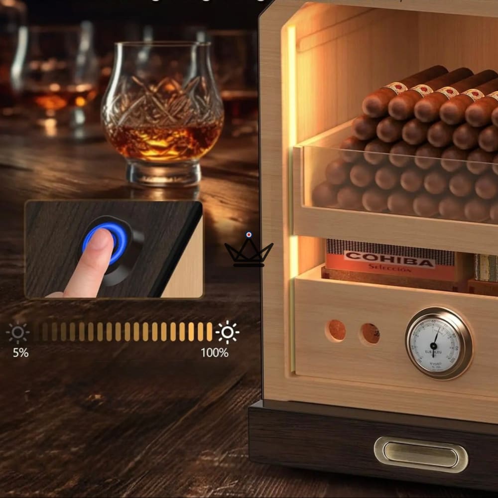 Prestige Cedar Lux Cigar Humidor - Cedar, Touch LED, 100-150 Cigars, Glass Drawer, 2 Humidifiers, Front Hygrometer, Walnut or Carbon — view 9