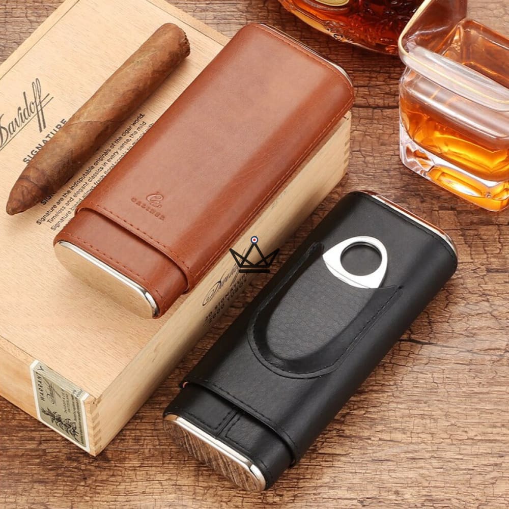 NEBOS Cigar Case – Leather & Cedar, 3-Cigar Capacity, Cigar Cutter Included — Black