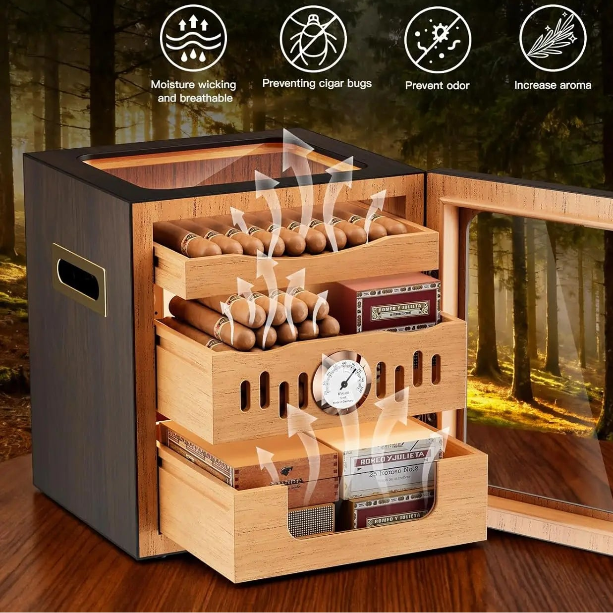 Crown Prestige Cigar Humidor - Varnished Spanish Cedar, Remote Control LED, Magnetic Glass Door, 3 Shelves, 120 Cigars, Case & Cutter Included — view 8
