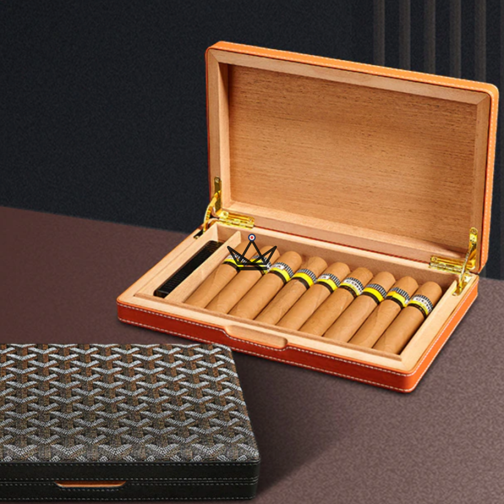 Humidor de cigarros ALPINE – cuero auténtico con relieve de chevrón, cedro español, 10 cigarros, marrón o negro