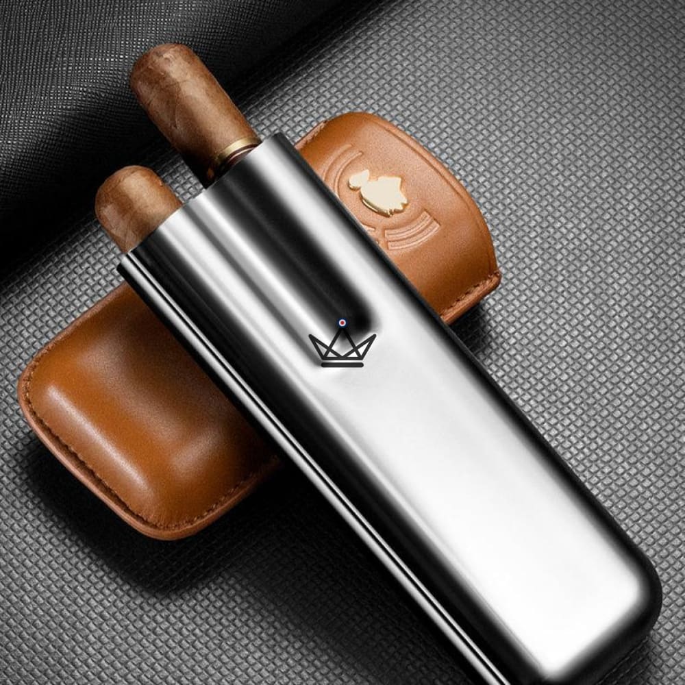 SAVOY 50' Edition Cigar Case — Grained Leather & Stainless Steel, Embossed Pattern, 2 Cigars — view 3