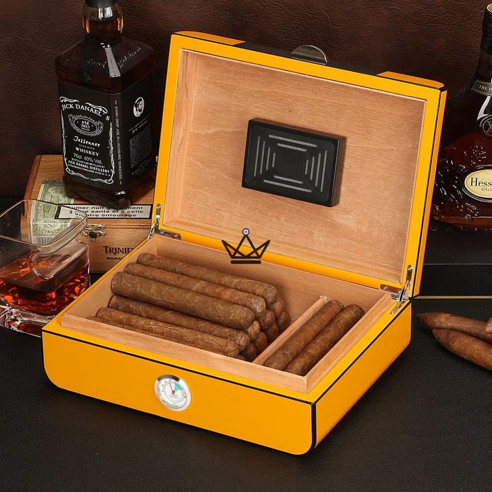 Sanctuarium Carbon Cigar Humidor — Carbon fiber & yellow, Spanish cedar, front hygrometer, magnetic humidifier, ~40 cigars — view 2