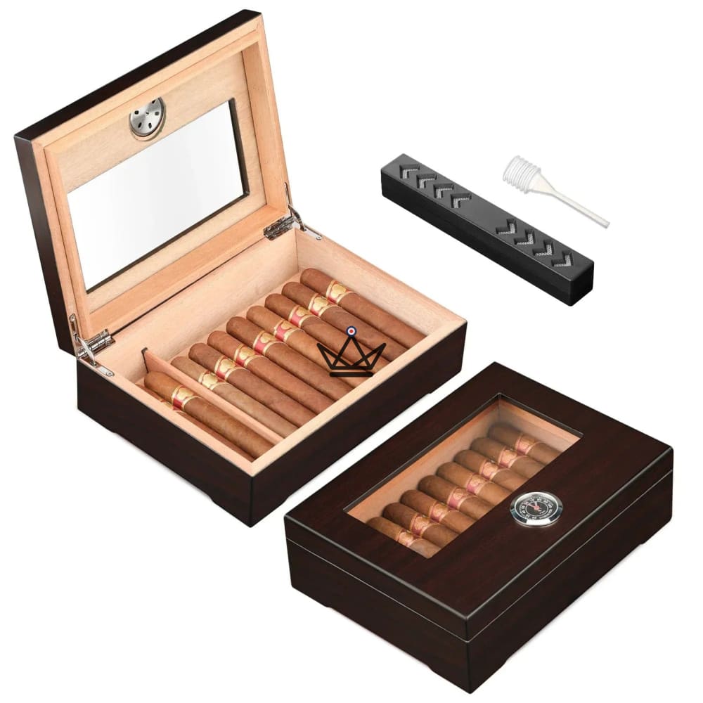 Vista Salvage Cigar Humidor — Spanish Cedar, Glass Top, 25-Cigar, Dark Walnut or Golden Oak — Noyer Sombre