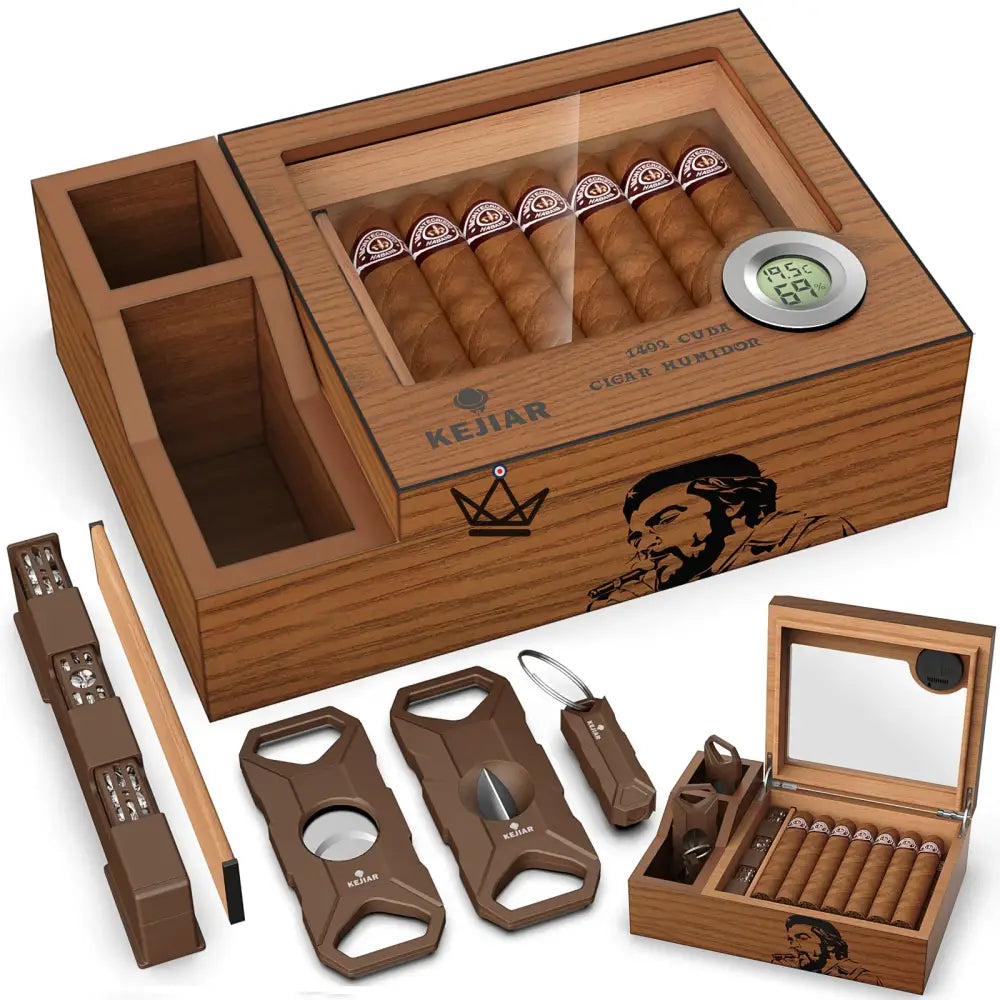 Libertador Cigar Humidor — solid cedar, glass lid, 30 cigars, digital hygrometer, gel humidifier, flat cutter, V-cutter & punch included — view 3