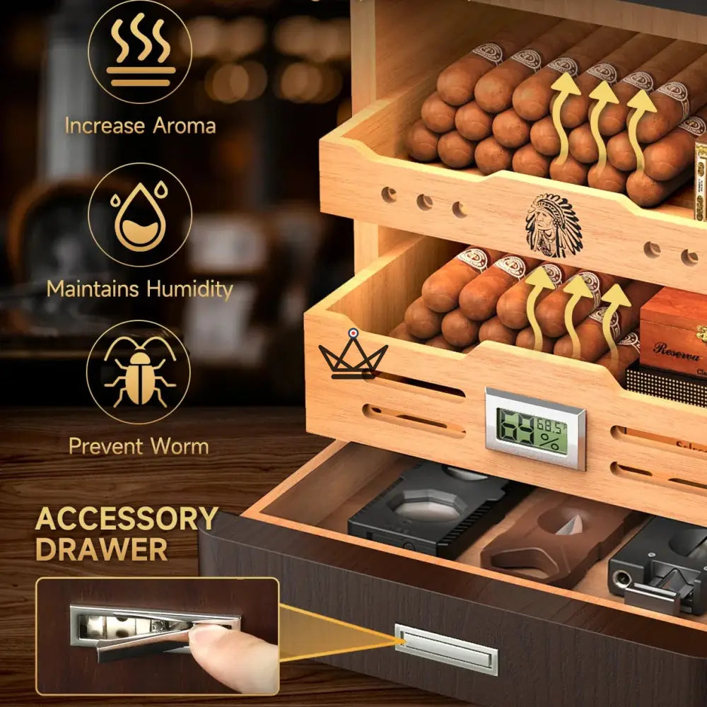 Dominion Legacy Cigar Humidor — Spanish Cedar, Glass Front, 3-Color Touch LED, 100-Cigar Capacity, Digital Hygrometer & 2 Gel Humidifiers — view 6