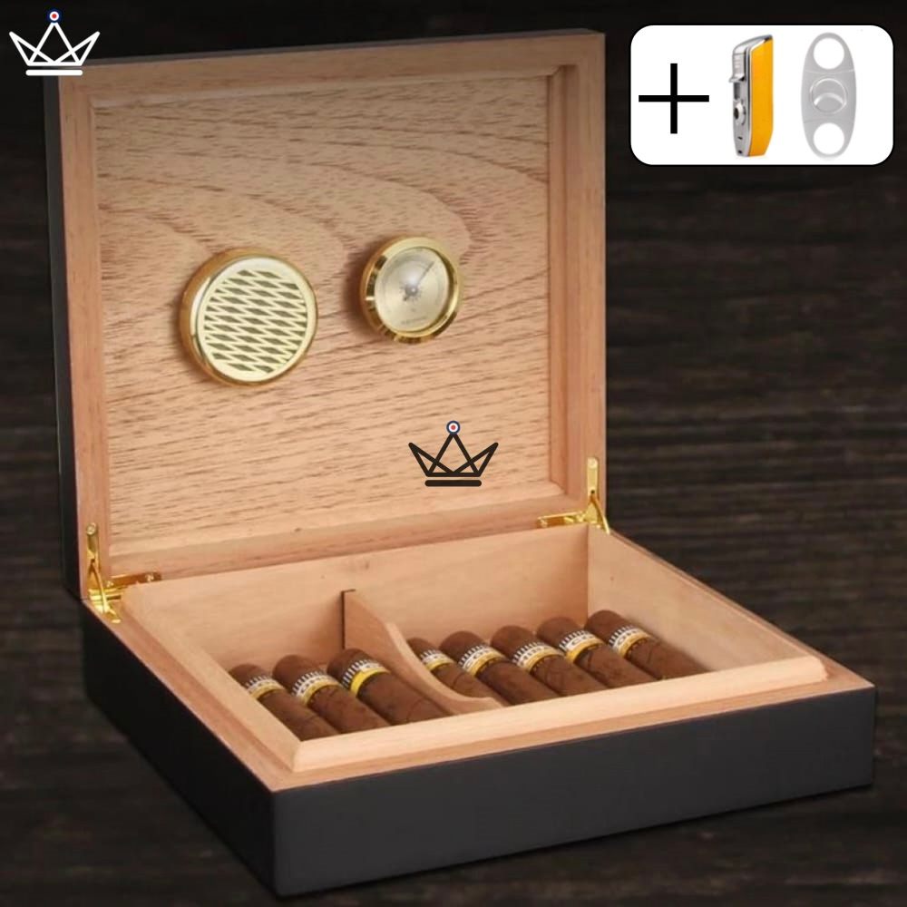 Wood Magnet Cigar Humidor — Spanish Cedar, Magnetic Hygrometer | 20 Cigars — Black / Houdini