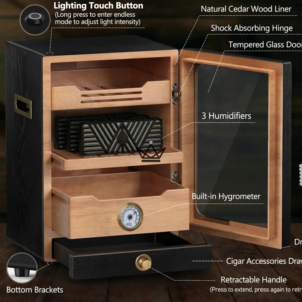 Titanis Lux Cigar Humidor — Spanish Cedar, LED Lighting, 150 Cigars, 3 Humidifiers, Walnut or Black Ebony — view 6