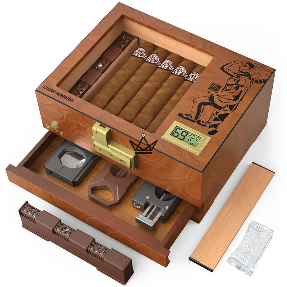 Zigarrenhumidor Vault Indio — spanisches Zedernholz, Zahlenschloss, Glasdeckel, 20-30 Zigarren, digitales Hygrometer & Gel-Befeuchter – Ansicht 10