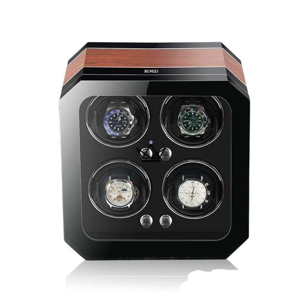 Automatic Watch Winder HEXAGONE LUXE — Precious Wood, Leather, 2 to 6 Watches, 5 Modes — Brown / 4 Slots