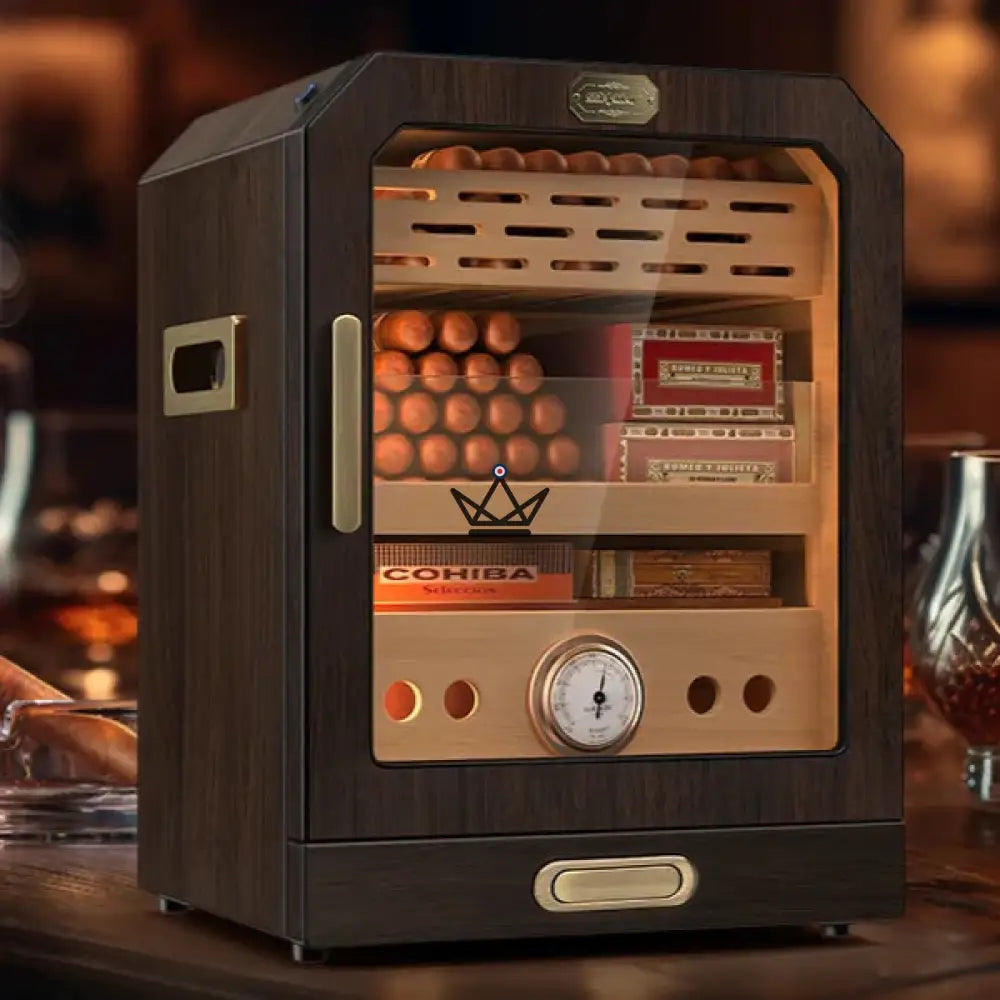 Prestige Cedar Lux Cigar Humidor - Cedar, Touch LED, 100-150 Cigars, Glass Drawer, 2 Humidifiers, Front Hygrometer, Walnut or Carbon — Noyer Sombre