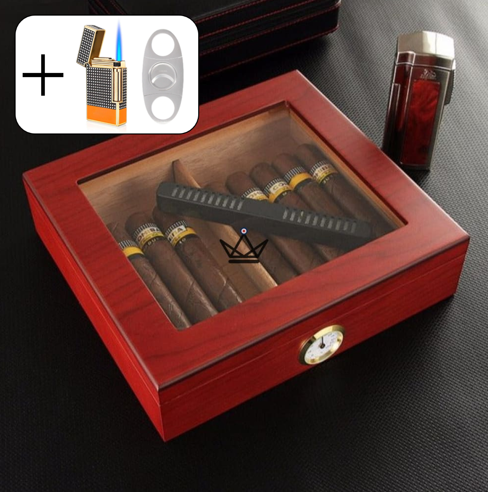 JANGO Cigar Humidor — Glass-top 20 cigars, Spanish cedar & humidifier — Brown / Gambit Silex