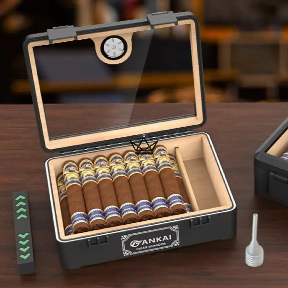 BlackGlass Cedar Humidor — Matte Black ABS, Spanish Cedar, Tempered Glass, 20-25 Cigars, Mechanical Hygrometer & Oasis Humidifier — view 2