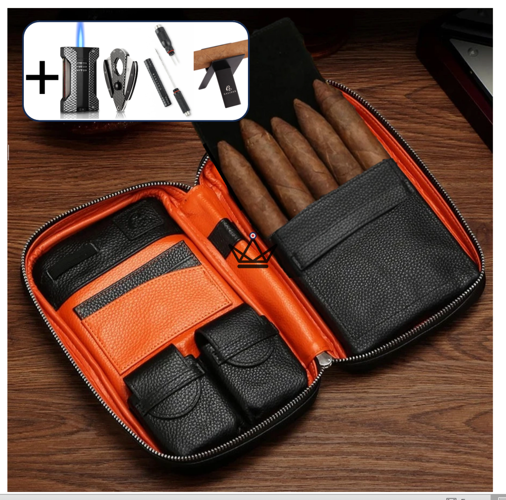Leather Travel Humidor - Spectrum Style — Carbon Quartet (Lighter + Cigar Cutter + Needle + Cigar Holder)