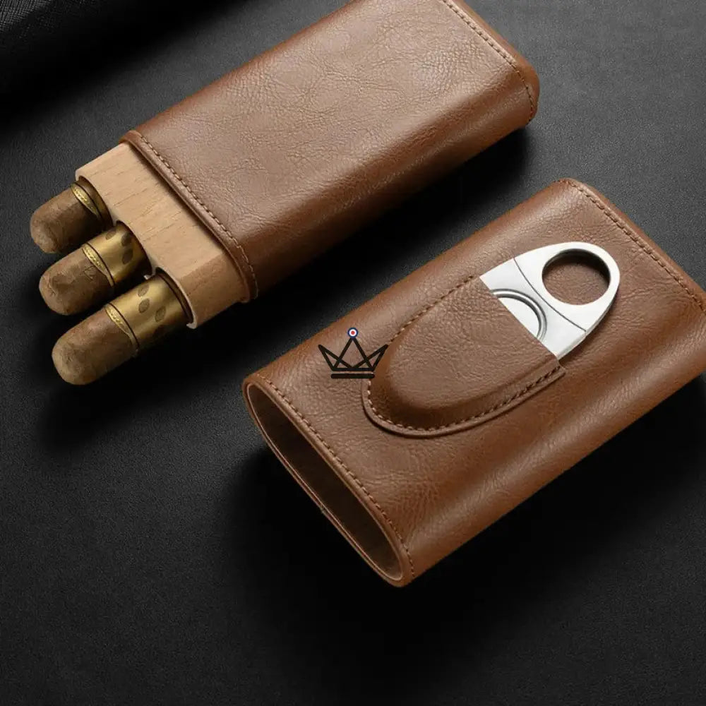 Mirlos Wood Cigar Case — Leather & Spanish Cedar, 2 or 3 Cigars, Cutter Included — 3 cigars / Coffee