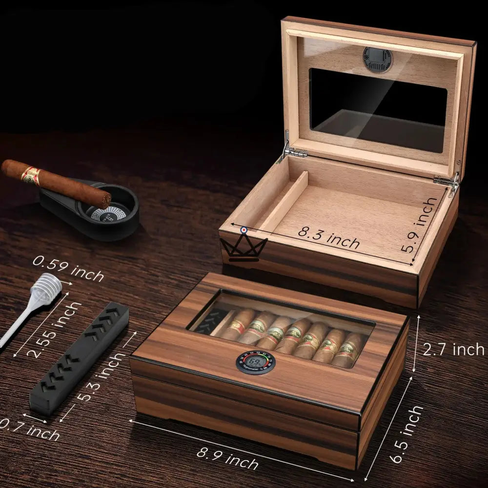 Zigarrenhumidor Vista Sun — spanische Zeder, Walnussholz-Finish, Glasdeckel, 20-30 Zigarren, Digitalhygrometer & Gel-Befeuchter – Ansicht 2