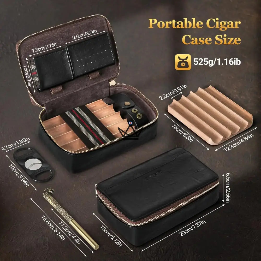 Magyars Wood Cigar Case — 5-cigar cedar tray, double-bladed cigar cutter, dragon head needle & Boveda 72% kit — view 2
