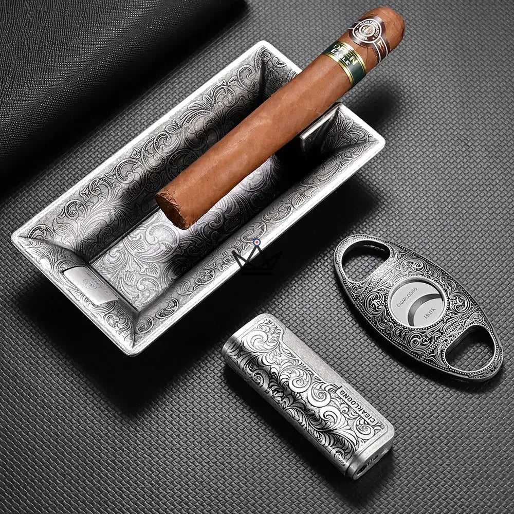 Incisum Heritage Cigar Box – Lighter + Cigar Cutter + Baroque Engraved Ashtray | Gold · Copper · Silver — Lunar Money