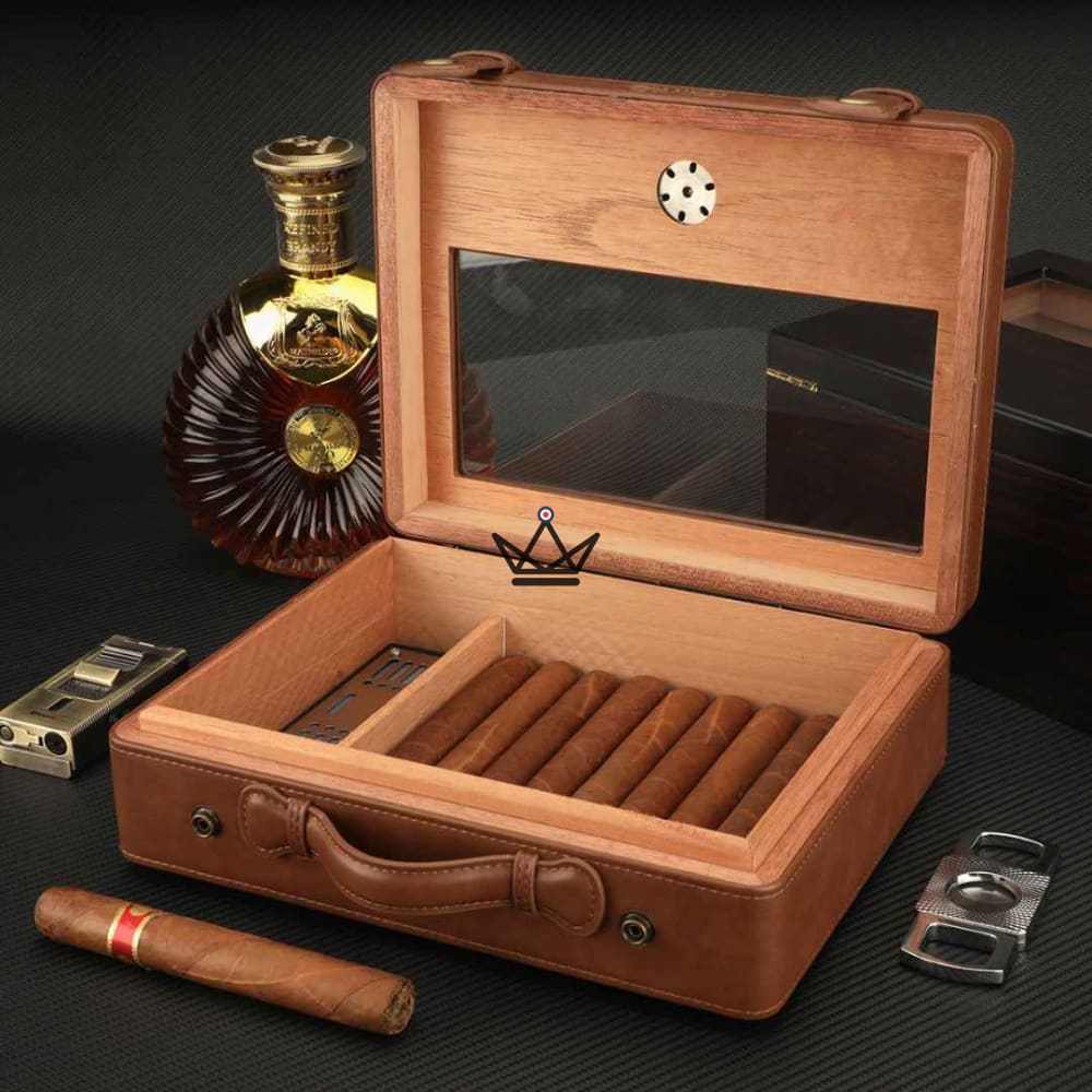 Prestige Traveler Cigar Humidor — Gold Brass, Spanish Cedar, 50 Cigars, Glass Top, Hygrometer & Crystal Humidifier — view 4