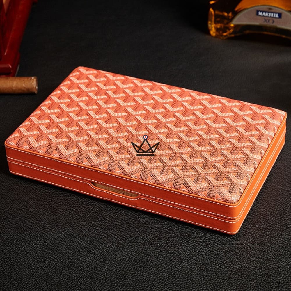 ALPINE Cigar Humidor – genuine chevron-embossed leather, Spanish cedar, 10 cigars, brown or black — Brown