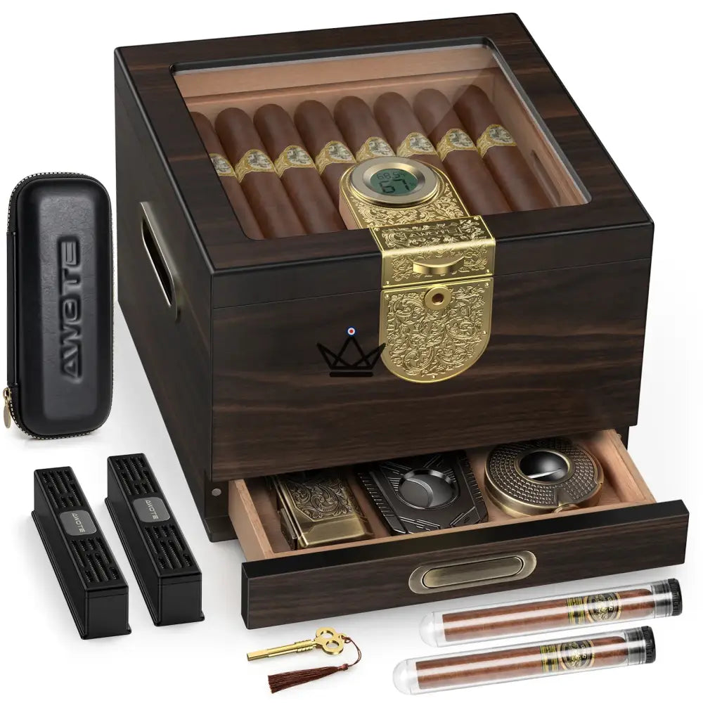 3-in-1 Keeper Heritage Set — Spanish cedar humidor with glass top, key lock, travel leather case, 2 airtight tubes, 50 cigars, digital hygrometer — view 1
