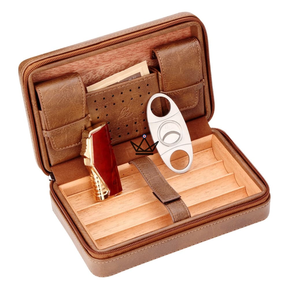 SOCRATE STYLE travel humidor — leather & cedar, 5 cigars, 3 compartments — Brown / Wagner