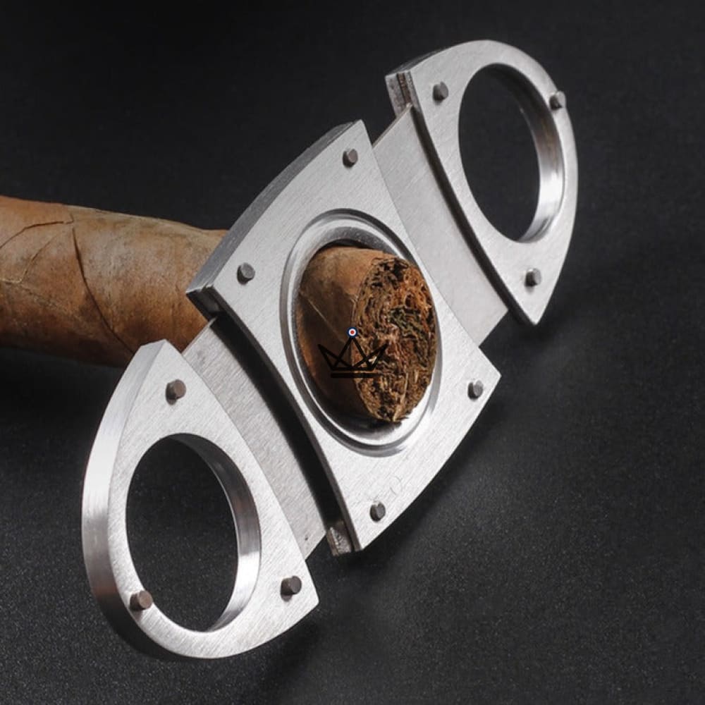 BANG guillotine cigar cutter — brushed steel & rivets, 53 ring gauge max — view 2