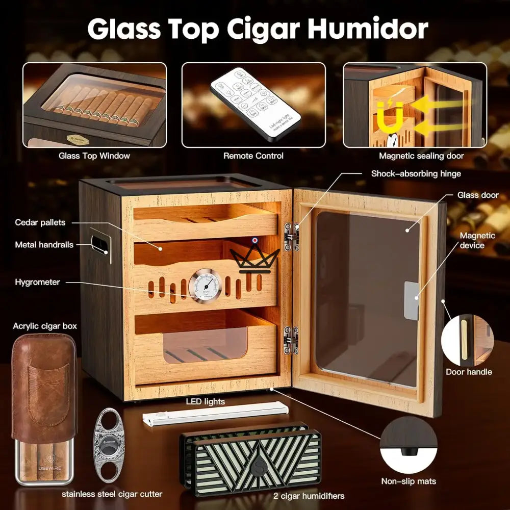 Crown Prestige Cigar Humidor - Varnished Spanish Cedar, Remote Control LED, Magnetic Glass Door, 3 Shelves, 120 Cigars, Case & Cutter Included — view 6