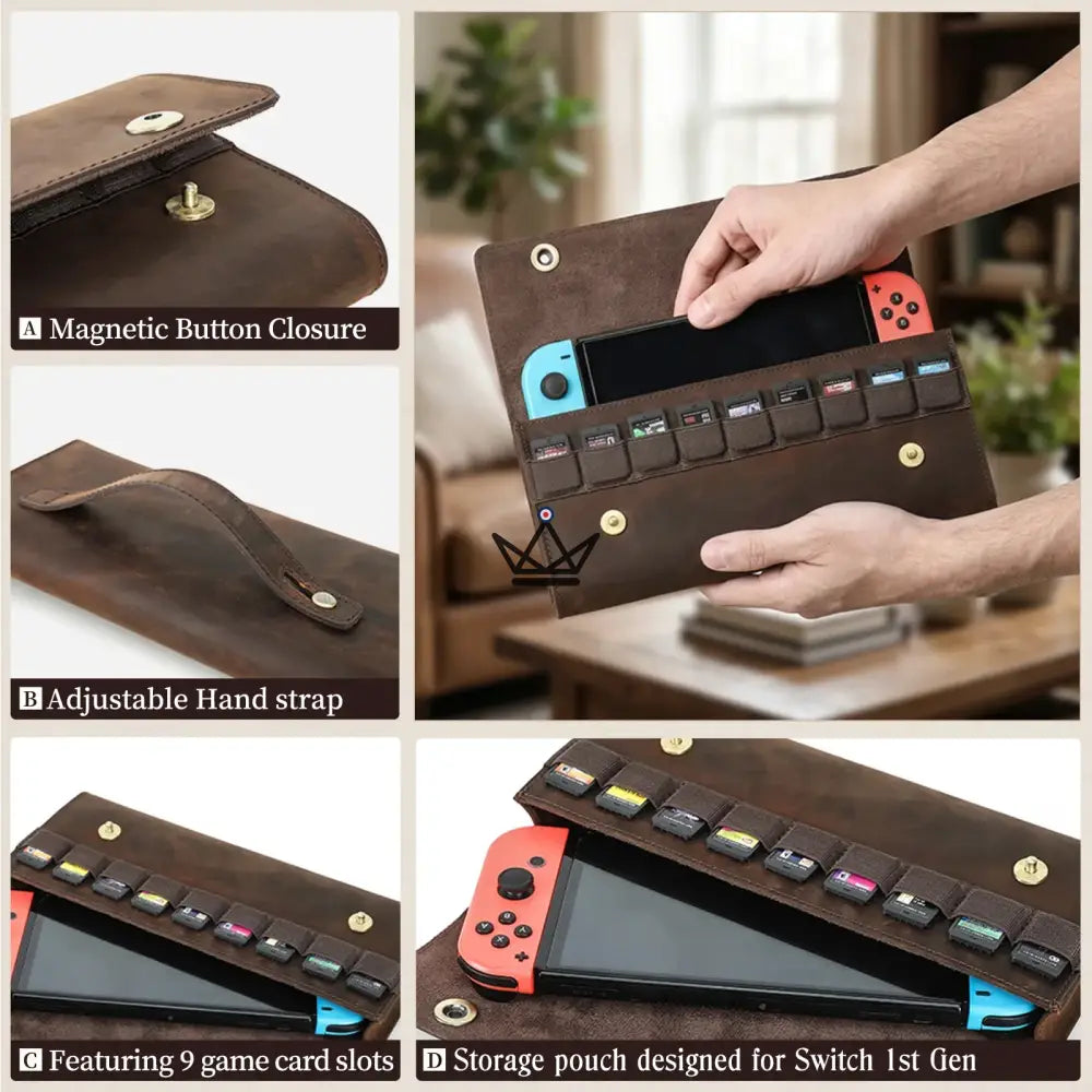 Personalisierbare Lederhülle Nintendo Switch 1. & 2. Generation — VOYAGEUR Mario – Ansicht 4