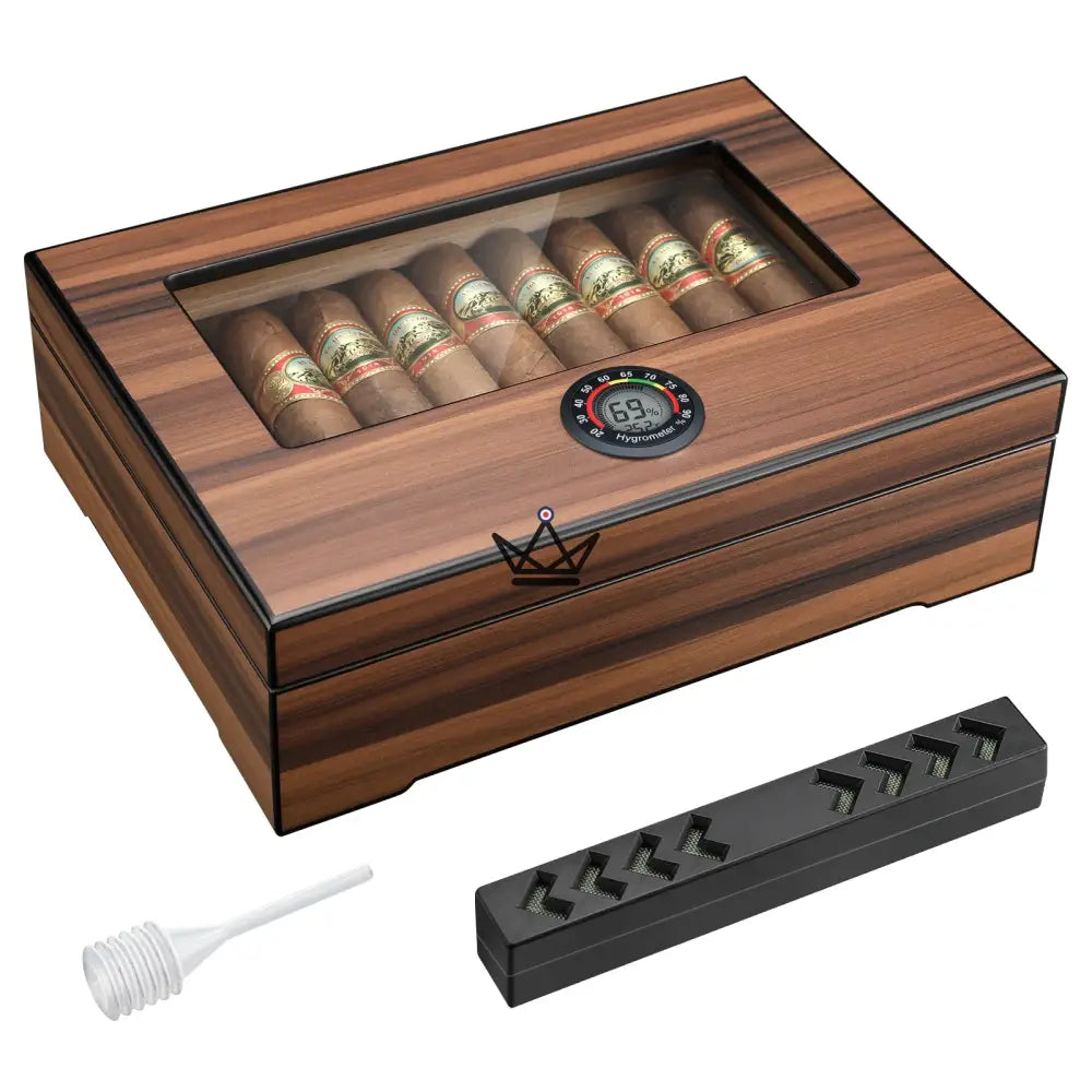 Humidor Vista Sun: cedro español, acabado en nogal, tapa de vidrio, 20-30 cigarros, higrómetro digital y humidificador de gel