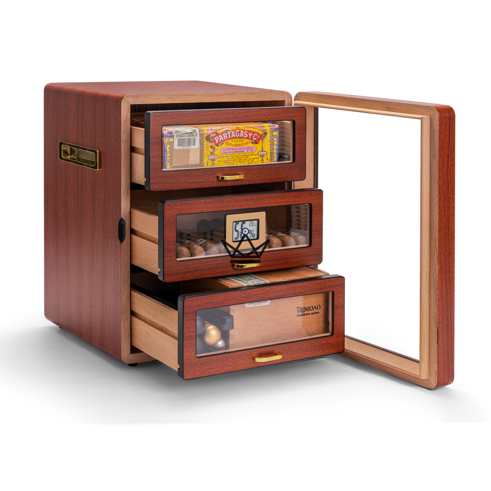 NOCTURIS Cigar Humidor — Piano Lacquer, Spanish Cedar, 3 Gold-Plated Glass Drawers, ~100 Cigars, Walnut or Chablis — view 1