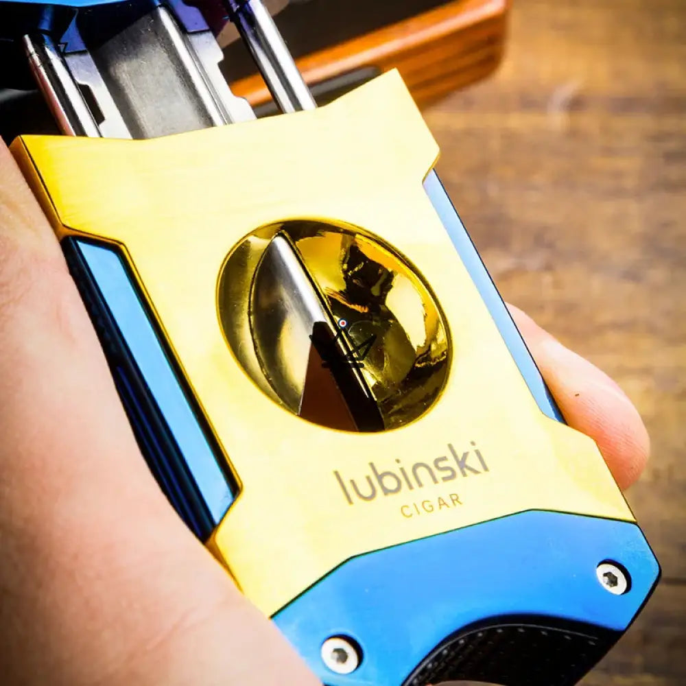 Azzurro Edition Cigar Cutter — Double Blade V-Cut, Zinc & Stainless Steel, 24mm Max, Gold & Sapphire Blue Finish, Signature Gift Box — view 5