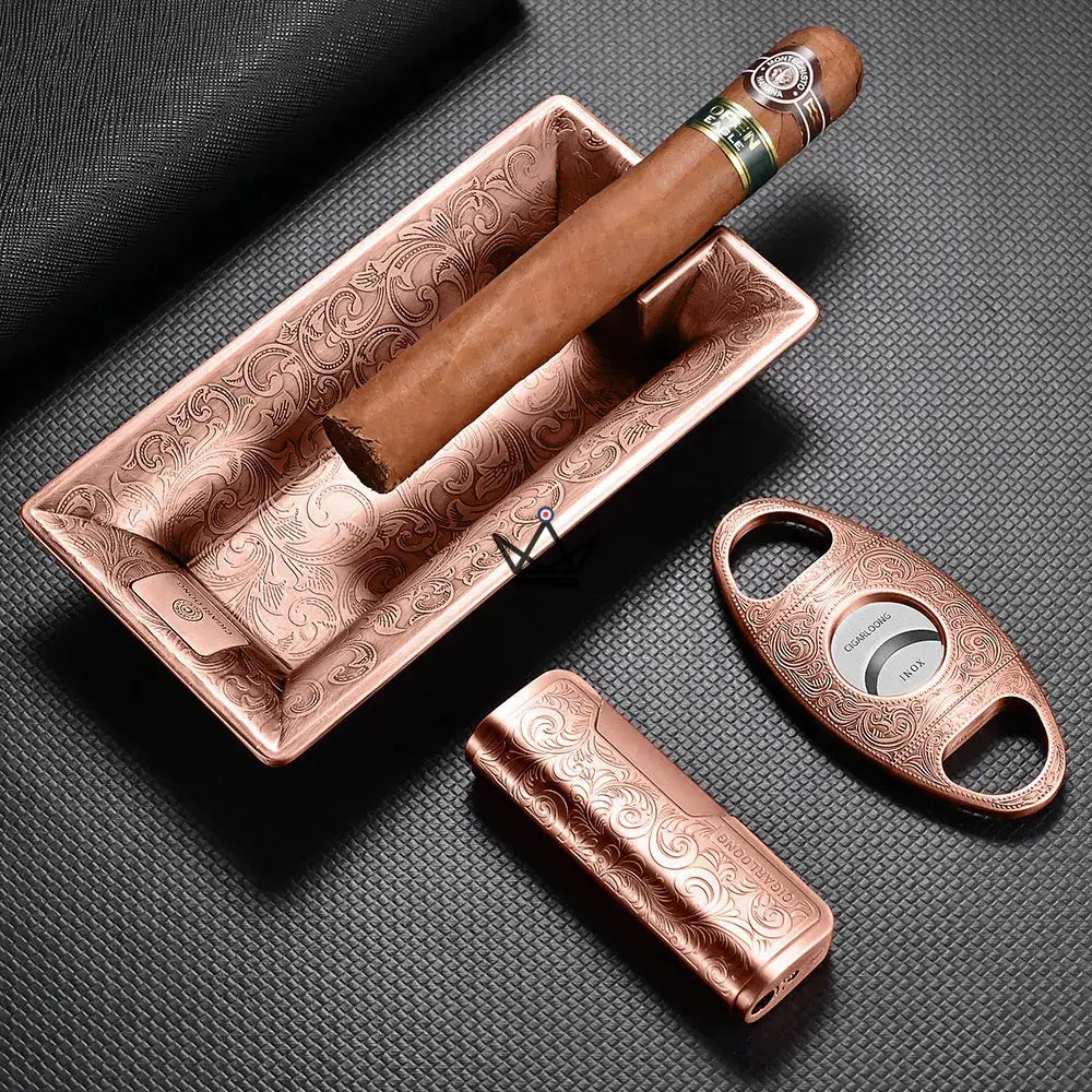 Incisum Heritage Cigar Box – Lighter + Cigar Cutter + Baroque Engraved Ashtray | Gold · Copper · Silver — Imperial Copper